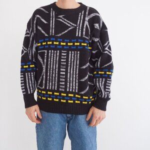 Vintage Uniform Code Black Grey Abstract Knit Geometric Pattern Sweater Large